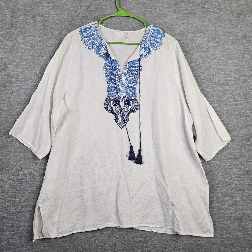 Symple NYC Women's Size 2X Linen Embroidered V-neck Tunic Top 3/4 Sleeve Top